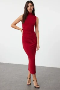 TRENDYOLMİLLA Rejection Plain Shirred Maxi Zero Sleeve Draped bodycone/Fitting Flexible Knitting Dress