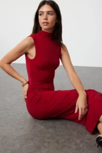 TRENDYOLMİLLA Rejection Plain Shirred Maxi Zero Sleeve Draped bodycone/Fitting Flexible Knitting Dress - Image 2