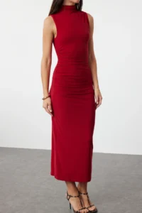 TRENDYOLMİLLA Rejection Plain Shirred Maxi Zero Sleeve Draped bodycone/Fitting Flexible Knitting Dress - Image 4