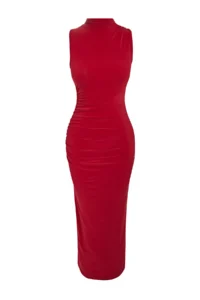TRENDYOLMİLLA Rejection Plain Shirred Maxi Zero Sleeve Draped bodycone/Fitting Flexible Knitting Dress - Image 6