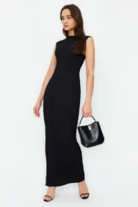 TRENDYOLMİLLA Black textured Material Fitted Moon Arm Knitting Flexible Midi Pen Dress - Image 2