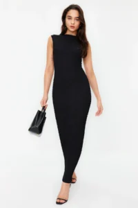 TRENDYOLMİLLA Black textured Material Fitted Moon Arm Knitting Flexible Midi Pen Dress - Image 5