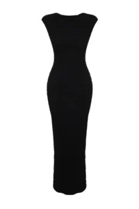 TRENDYOLMİLLA Black textured Material Fitted Moon Arm Knitting Flexible Midi Pen Dress - Image 7