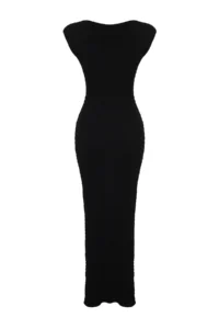 TRENDYOLMİLLA Black textured Material Fitted Moon Arm Knitting Flexible Midi Pen Dress - Image 8