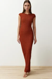 TRENDYOLMİLLA Brick Rejection textured Material Fitted Moon Arm Flexible Knitting Midi Pen Dress - Image 2