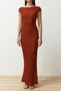TRENDYOLMİLLA Brick Rejection textured Material Fitted Moon Arm Flexible Knitting Midi Pen Dress - Image 5