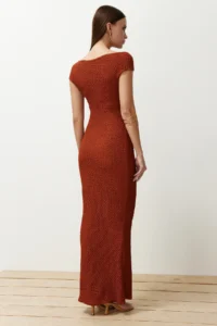 TRENDYOLMİLLA Brick Rejection textured Material Fitted Moon Arm Flexible Knitting Midi Pen Dress - Image 6