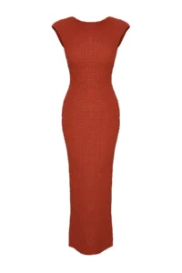 TRENDYOLMİLLA Brick Rejection textured Material Fitted Moon Arm Flexible Knitting Midi Pen Dress - Image 7