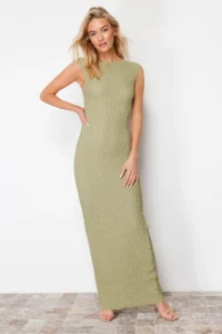 TRENDYOLMİLLA Khaki textured Material Fitted Moon Arm Flexible Knitting Midi Pen Dress - Image 2