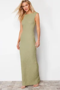 TRENDYOLMİLLA Khaki textured Material Fitted Moon Arm Flexible Knitting Midi Pen Dress - Image 3