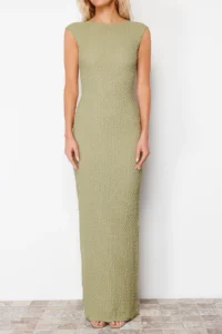 TRENDYOLMİLLA Khaki textured Material Fitted Moon Arm Flexible Knitting Midi Pen Dress - Image 6