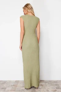 TRENDYOLMİLLA Khaki textured Material Fitted Moon Arm Flexible Knitting Midi Pen Dress - Image 7