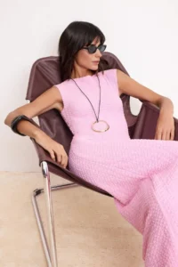 TRENDYOLMİLLA Pink textured Material Fitted Moon Arm Flexible Knitting Midi Pen Dress - Image 2