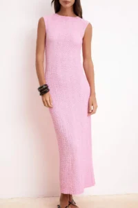 TRENDYOLMİLLA Pink textured Material Fitted Moon Arm Flexible Knitting Midi Pen Dress - Image 3
