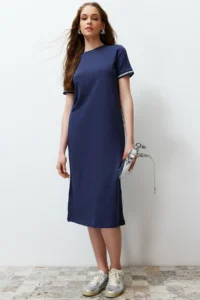 TRENDYOLMİLLA Navy Blue Knitwear Tape Detailed Crew Neck Short Sleeve Flexible Midi Knitting Maxi Dress