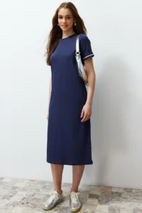 TRENDYOLMİLLA Navy Blue Knitwear Tape Detailed Crew Neck Short Sleeve Flexible Midi Knitting Maxi Dress - Image 2