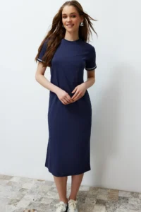 TRENDYOLMİLLA Navy Blue Knitwear Tape Detailed Crew Neck Short Sleeve Flexible Midi Knitting Maxi Dress - Image 3