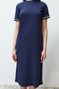 TRENDYOLMİLLA Navy Blue Knitwear Tape Detailed Crew Neck Short Sleeve Flexible Midi Knitting Maxi Dress - Image 4