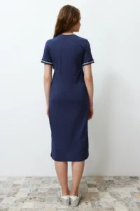 TRENDYOLMİLLA Navy Blue Knitwear Tape Detailed Crew Neck Short Sleeve Flexible Midi Knitting Maxi Dress - Image 6
