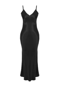 TRENDYOLMİLLA Black Plain Kesim Satin Sleeveless Maxi Weaving Dress - Image 5