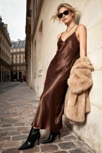 TRENDYOLMİLLA Brown Plain Kesim Satin Sleeveless Maxi Weaving Dress