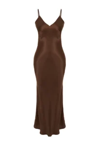 TRENDYOLMİLLA Brown Plain Kesim Satin Sleeveless Maxi Weaving Dress - Image 10