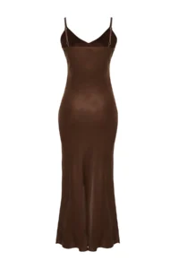 TRENDYOLMİLLA Brown Plain Kesim Satin Sleeveless Maxi Weaving Dress - Image 11