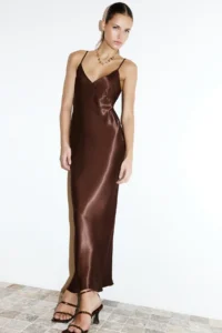 TRENDYOLMİLLA Brown Plain Kesim Satin Sleeveless Maxi Weaving Dress - Image 5