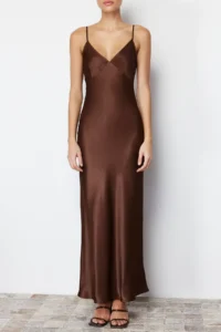 TRENDYOLMİLLA Brown Plain Kesim Satin Sleeveless Maxi Weaving Dress - Image 8