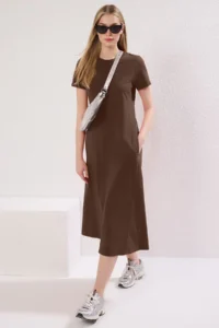 TRENDYOLMİLLA Brown Plain T-Shirt Dress Pocket Midi Knitting Dress