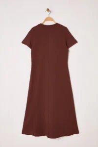 TRENDYOLMİLLA Brown Plain T-Shirt Dress Pocket Midi Knitting Dress - Image 6