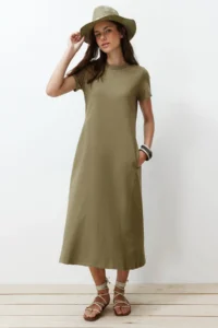 TRENDYOLMİLLA Khaki with pocket Crew Neck A-line Knitting Midi Dress
