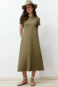 TRENDYOLMİLLA Khaki with pocket Crew Neck A-line Knitting Midi Dress - Image 2