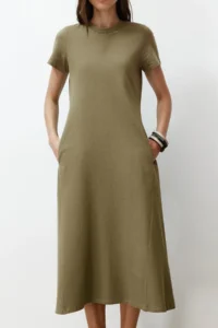 TRENDYOLMİLLA Khaki with pocket Crew Neck A-line Knitting Midi Dress - Image 3