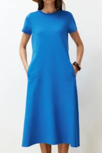 TRENDYOLMİLLA Saks Blue with pocket Crew Neck A-line Knitting Midi Dress - Image 6