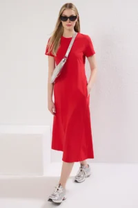 TRENDYOLMİLLA Rejection Plain T-Shirt Dress Pocket Detail Midi Flexible Knitting Dress