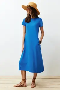 TRENDYOLMİLLA Saks Blue with pocket Crew Neck A-line Knitting Midi Dress - Image 2