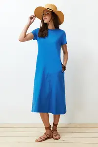 TRENDYOLMİLLA Saks Blue with pocket Crew Neck A-line Knitting Midi Dress - Image 4