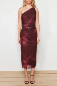 TRENDYOLMİLLA Burgundy Single Arm Fitted Accessory Detailed Tulle Flexible Knitting Midi Pen Dress - Image 4
