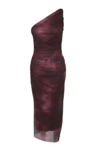 TRENDYOLMİLLA Burgundy Single Arm Fitted Accessory Detailed Tulle Flexible Knitting Midi Pen Dress - Image 7