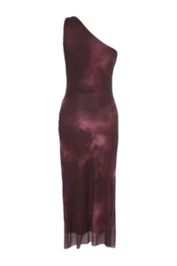 TRENDYOLMİLLA Burgundy Single Arm Fitted Accessory Detailed Tulle Flexible Knitting Midi Pen Dress - Image 8