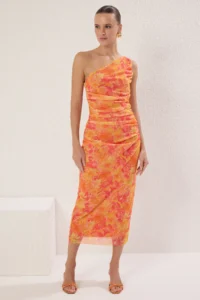 TRENDYOLMİLLA Orange Single Arm Fitted Accessory Detailed Tulle Flexible Knitting Midi Pen Dress