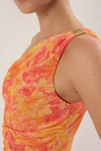 TRENDYOLMİLLA Orange Single Arm Fitted Accessory Detailed Tulle Flexible Knitting Midi Pen Dress - Image 3