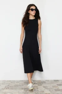 TRENDYOLMİLLA Black 100% Cotton skater/Waist Opening Crew Neck Sleeveless Midi Knitting Midi Dress - Image 2