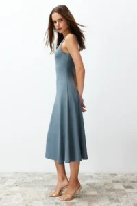 TRENDYOLMİLLA Anthracite 100% Cotton skater/Waist Opening Crew Neck Sleeveless Midi Knitting Midi Dress - Image 2