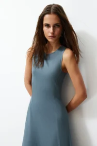 TRENDYOLMİLLA Anthracite 100% Cotton skater/Waist Opening Crew Neck Sleeveless Midi Knitting Midi Dress - Image 3
