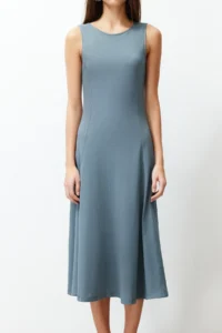 TRENDYOLMİLLA Anthracite 100% Cotton skater/Waist Opening Crew Neck Sleeveless Midi Knitting Midi Dress - Image 4