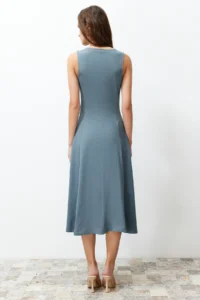 TRENDYOLMİLLA Anthracite 100% Cotton skater/Waist Opening Crew Neck Sleeveless Midi Knitting Midi Dress - Image 6