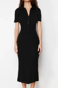 TRENDYOLMİLLA Black Maxi Polo Shirt Collar Dress - Image 5