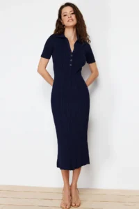 TRENDYOLMİLLA Navy Blue Maxi Polo Shirt Collar Dress